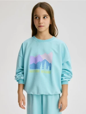 Reserved - Bawełniana koszulka z nadrukiem - jasnoturkusowy