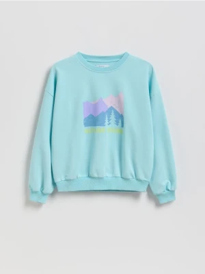 Reserved - Bawełniana koszulka z nadrukiem - jasnoturkusowy