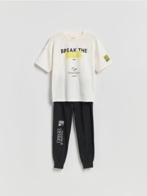 Reserved - Bawełniana piżama z nadrukiem - złamana biel