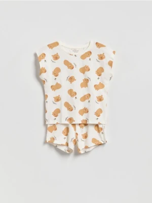 Reserved - Bawełniana piżama z nadrukiem - złamana biel