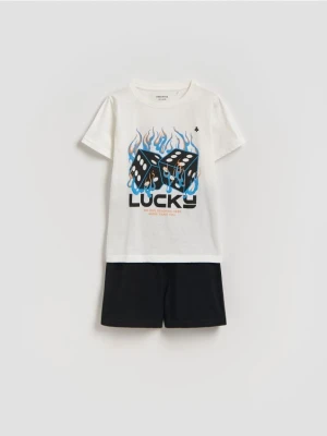 Reserved - Bawełniana piżama z nadrukiem - złamana biel