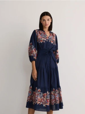 Reserved - Bawełniana sukienka midi z bufkami - granatowy