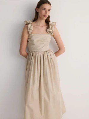 Reserved - Bawełniana sukienka midi z marszczeniami - beżowy