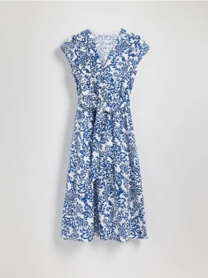 Reserved - Bawełniana sukienka midi z paskiem - granatowy