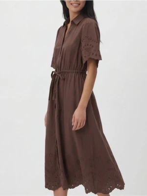 Reserved - Bawełniana sukienka z ażurowymi wstawkami - ciemnobrązowy