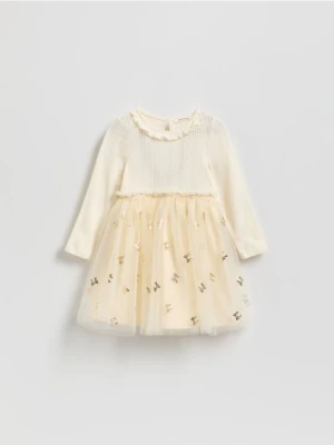 Reserved - Bawełniana sukienka z tiulowym dołem - kremowy