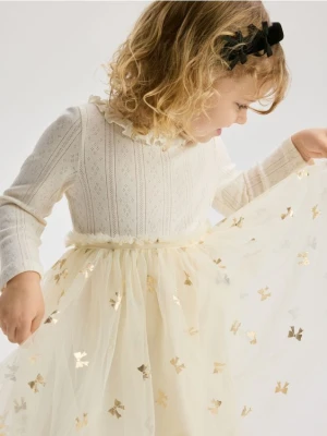 Reserved - Bawełniana sukienka z tiulowym dołem - kremowy