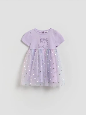 Reserved - Bawełniana sukienka z tiulowym dołem - lawendowy