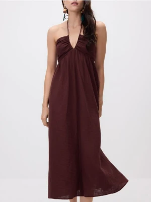 Reserved - Bawełniana sukienka z wiązaniem - ciemnobrązowy