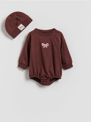 Reserved - Bawełniane body z czapką - brązowy