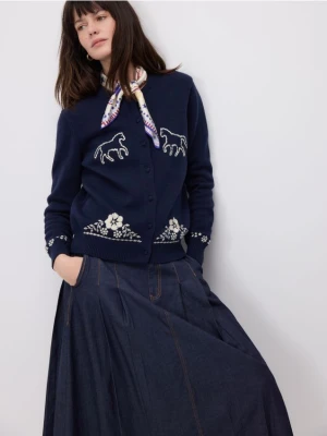 Reserved - Bawełniany kardigan z haftem - granatowy