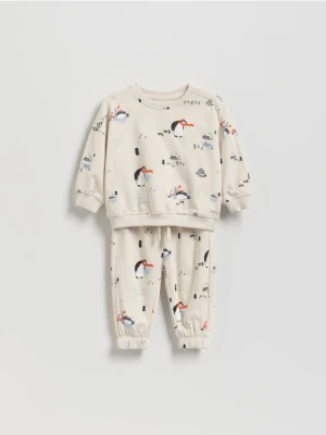 Reserved - Bawełniany komplet z nadrukiem - kremowy