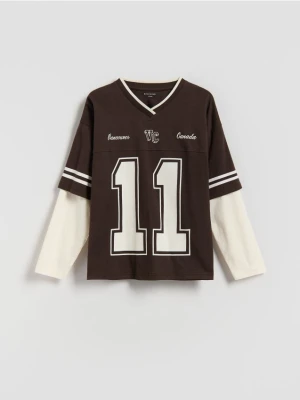 Reserved - Bawełniany longsleeve - ciemnobrązowy