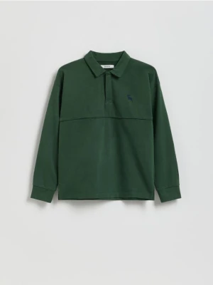 Reserved - Bawełniany longsleeve polo - ciemnozielony