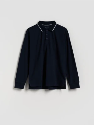 Reserved - Bawełniany longsleeve polo - granatowy