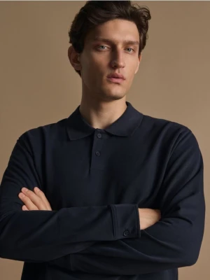 Reserved - Bawełniany longsleeve polo - granatowy
