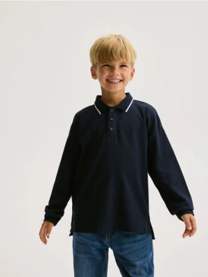 Reserved - Bawełniany longsleeve polo - granatowy