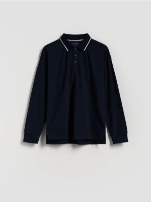 Reserved - Bawełniany longsleeve polo - granatowy