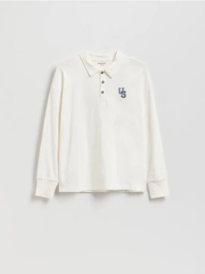Reserved - Bawełniany longsleeve polo - złamana biel