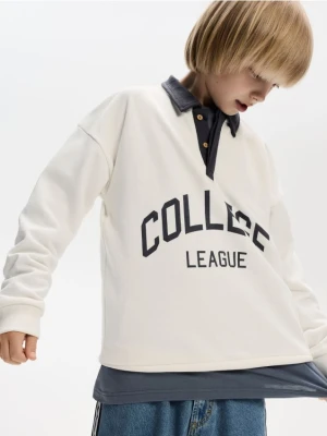 Reserved - Bawełniany longsleeve polo - złamana biel