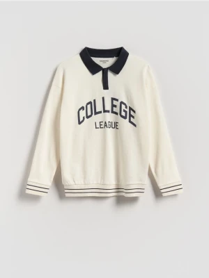 Reserved - Bawełniany longsleeve polo - złamana biel