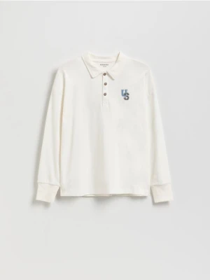 Reserved - Bawełniany longsleeve polo - złamana biel