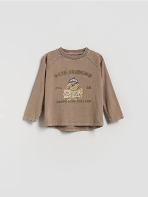 Reserved - Bawełniany longsleeve z nadrukiem - brązowy