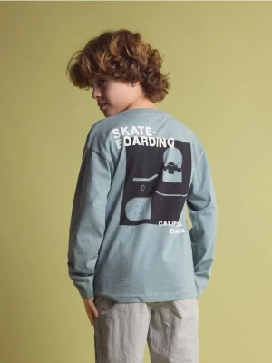 Reserved - Bawełniany longsleeve z nadrukiem - ciemny turkus