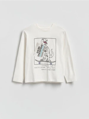 Reserved - Bawełniany longsleeve z nadrukiem - złamana biel