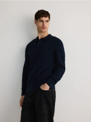 Reserved - Bawełniany sweter polo - granatowy