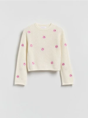 Reserved - Bawełniany sweter z haftem - złamana biel