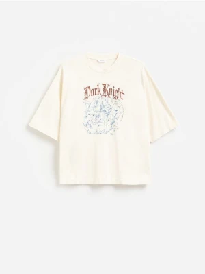 Reserved - Bawełniany t-shirt boxy - złamana biel