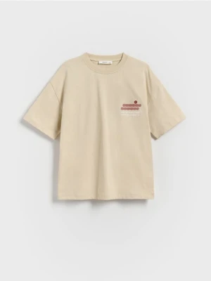 Reserved - Bawełniany t-shirt oversize - beżowy