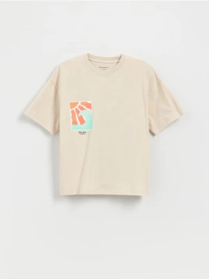 Reserved - Bawełniany t-shirt oversize - kremowy