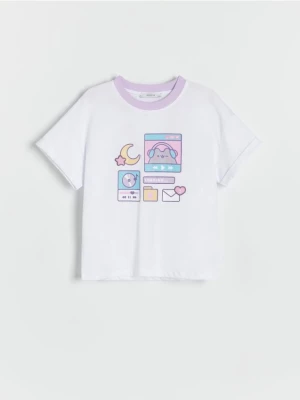 Reserved - Bawełniany t-shirt Pusheen - biały