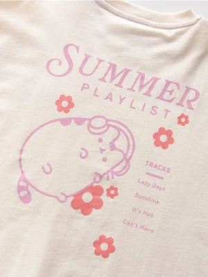 Reserved - Bawełniany t-shirt Pusheen - złamana biel