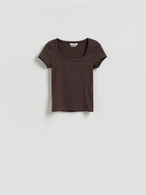 Reserved - Bawełniany t-shirt w groszki - ciemnobrązowy