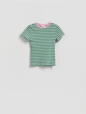 Reserved - Bawełniany t-shirt w paski - zielony