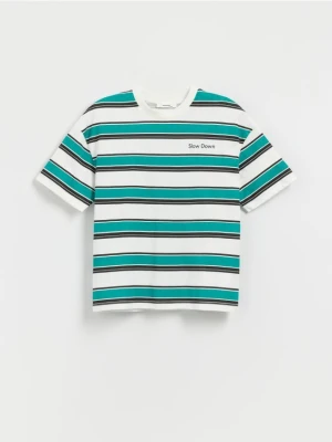 Reserved - Bawełniany t-shirt w paski - złamana biel