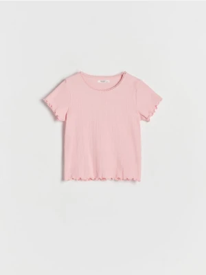 Reserved - Bawełniany t-shirt w prążek - różowy