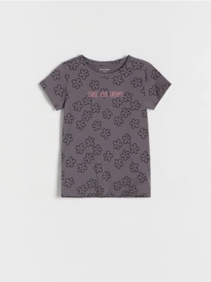 Reserved - Bawełniany t-shirt we kwiatki - ciemnoszary