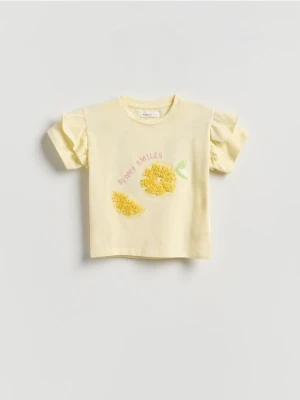 Reserved - Bawełniany t-shirt z aplikacją 3d - żółty