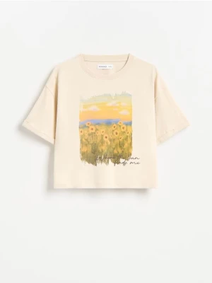Reserved - Bawełniany t-shirt z aplikacją - beżowy