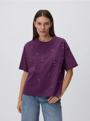 Reserved - Bawełniany t-shirt z aplikacją - ciemnofioletowy
