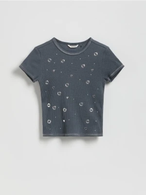 Reserved - Bawełniany t-shirt z aplikacją - ciemnoszary