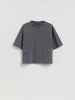 Reserved - Bawełniany t-shirt z aplikacją - ciemnoszary