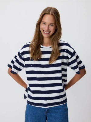 Reserved - Bawełniany t-shirt z aplikacją - granatowy