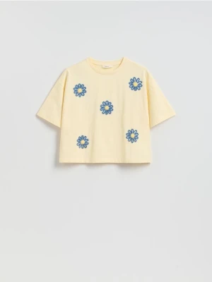 Reserved - Bawełniany t-shirt z aplikacją - jasnożółty