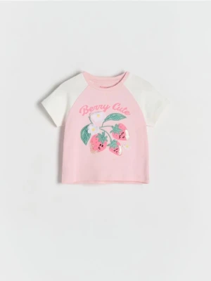 Reserved - Bawełniany t-shirt z aplikacją - pastelowy róż