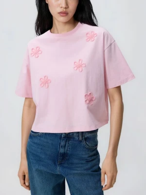 Reserved - Bawełniany t-shirt z aplikacją - pastelowy róż